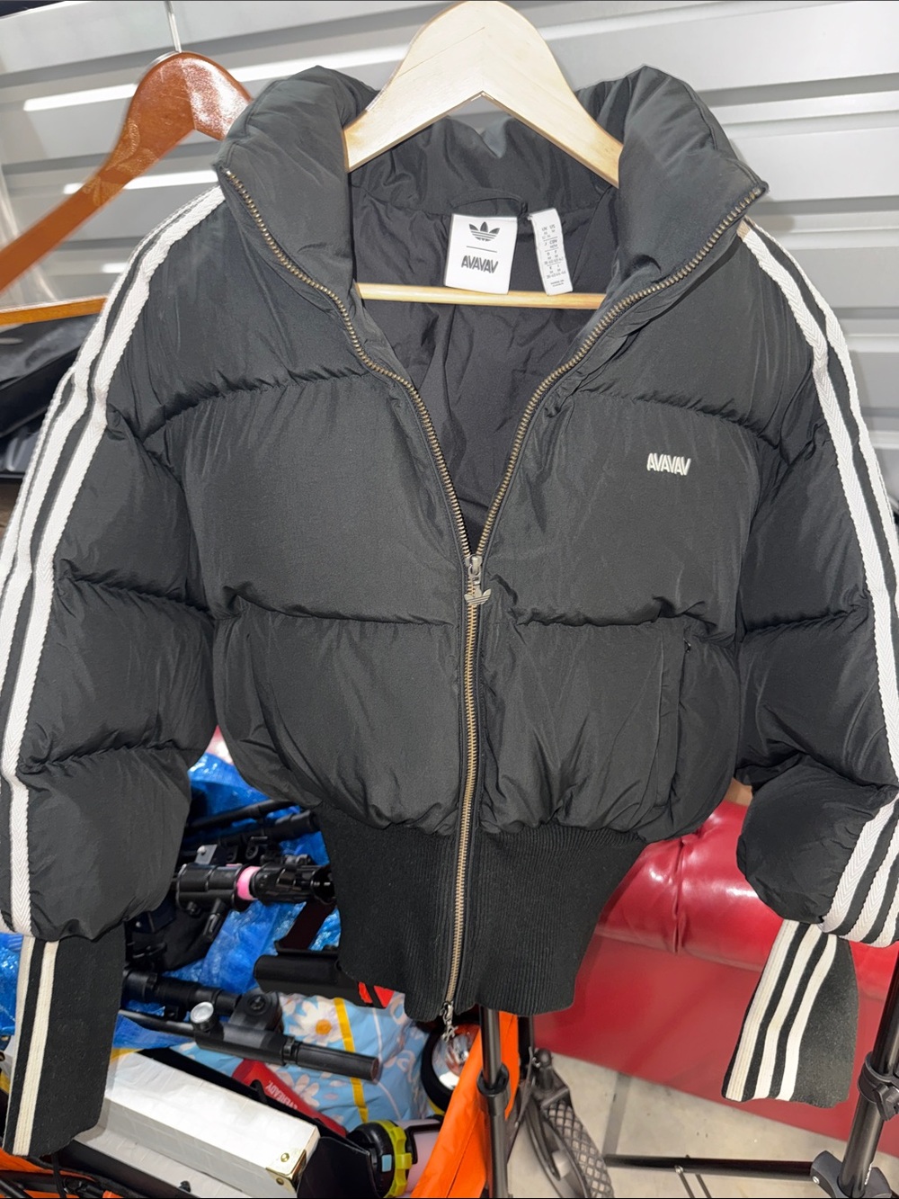 Adidas Women's Black Bomber Puffer Jacket with Signature Stripes